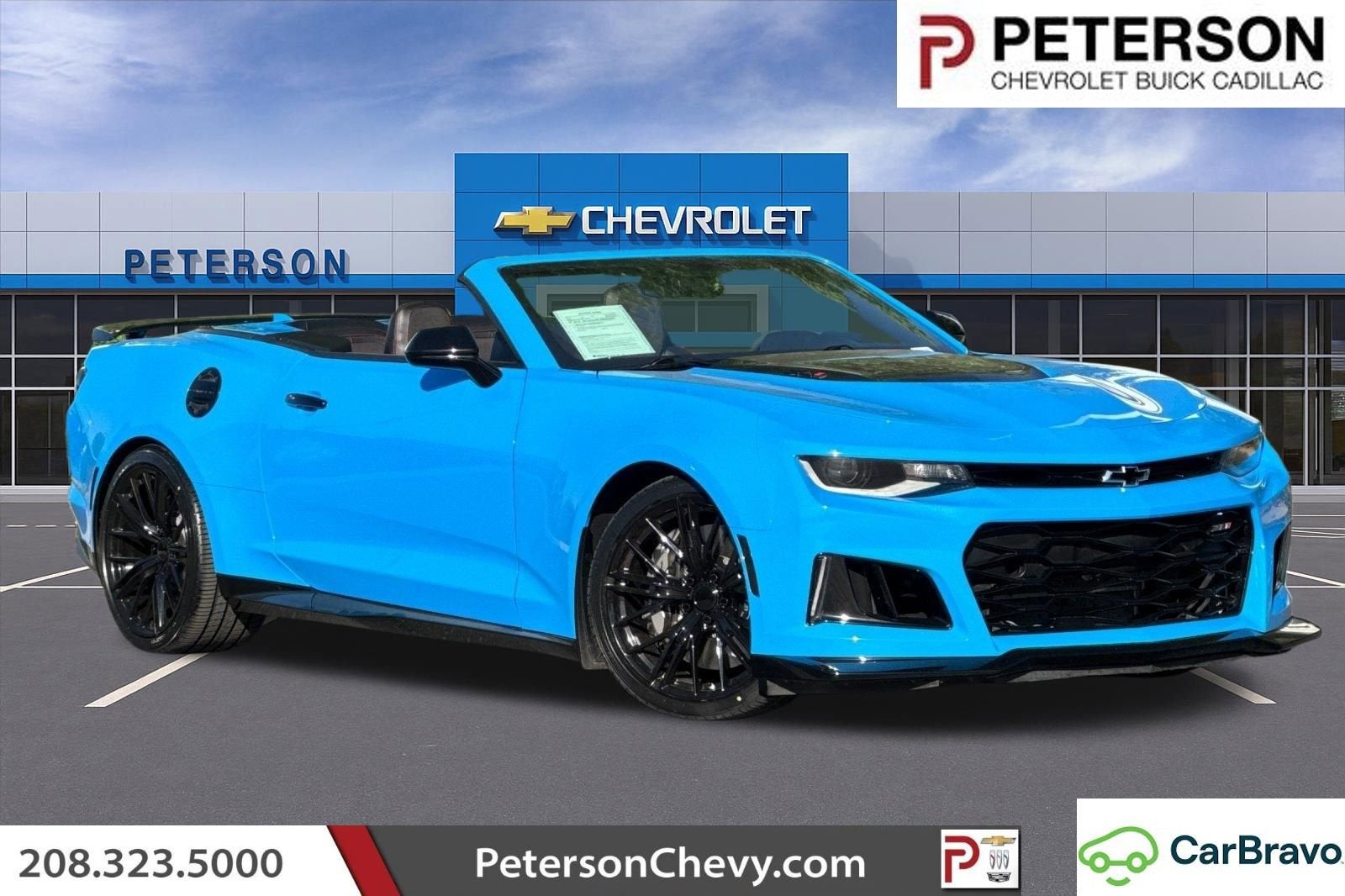 2023 Chevrolet Camaro ZL1 in Rapid Blue — front three-quarter view