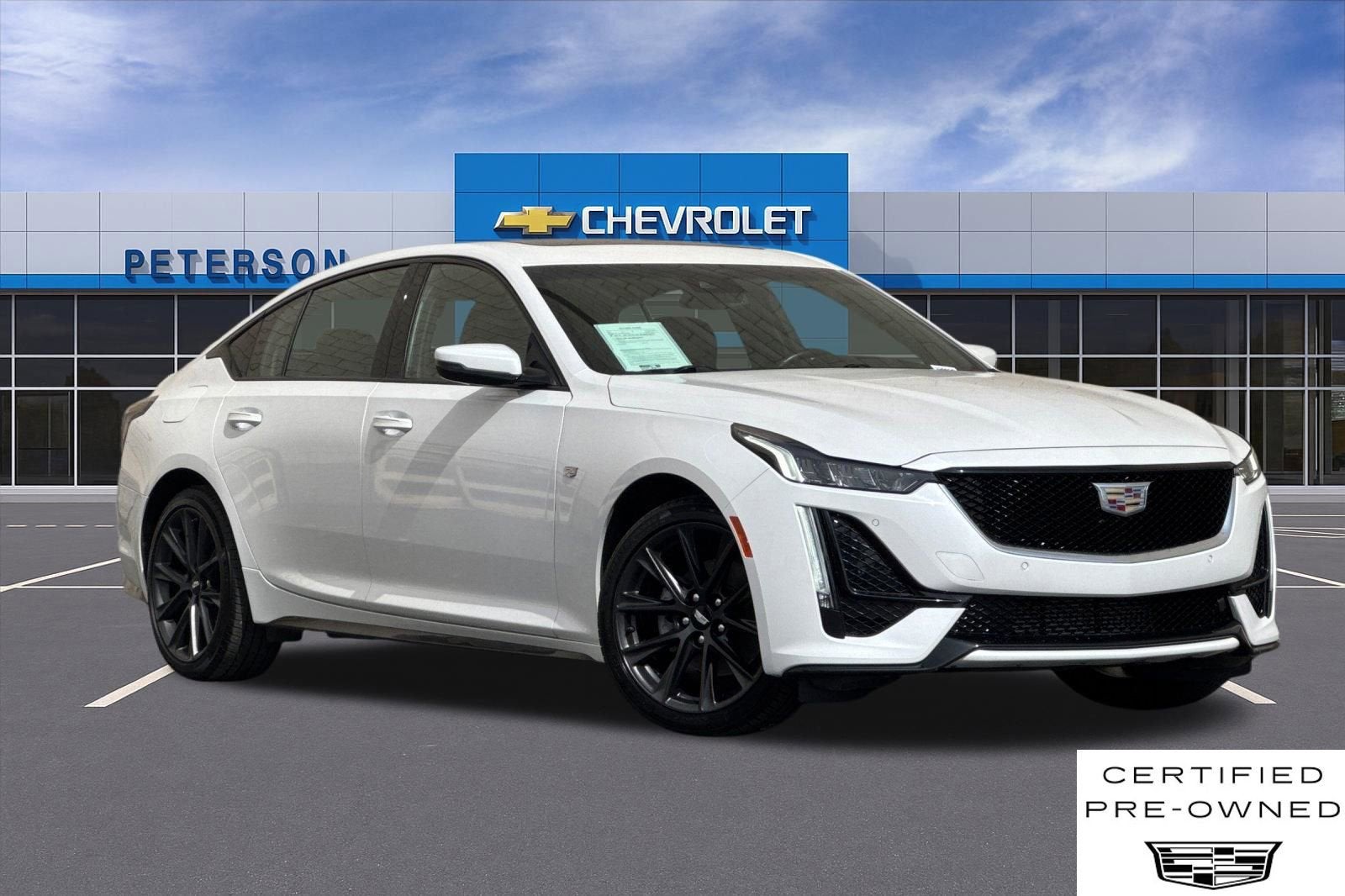 2023 Cadillac CT5 Sport in Crystal White Tricoat — front three-quarter view