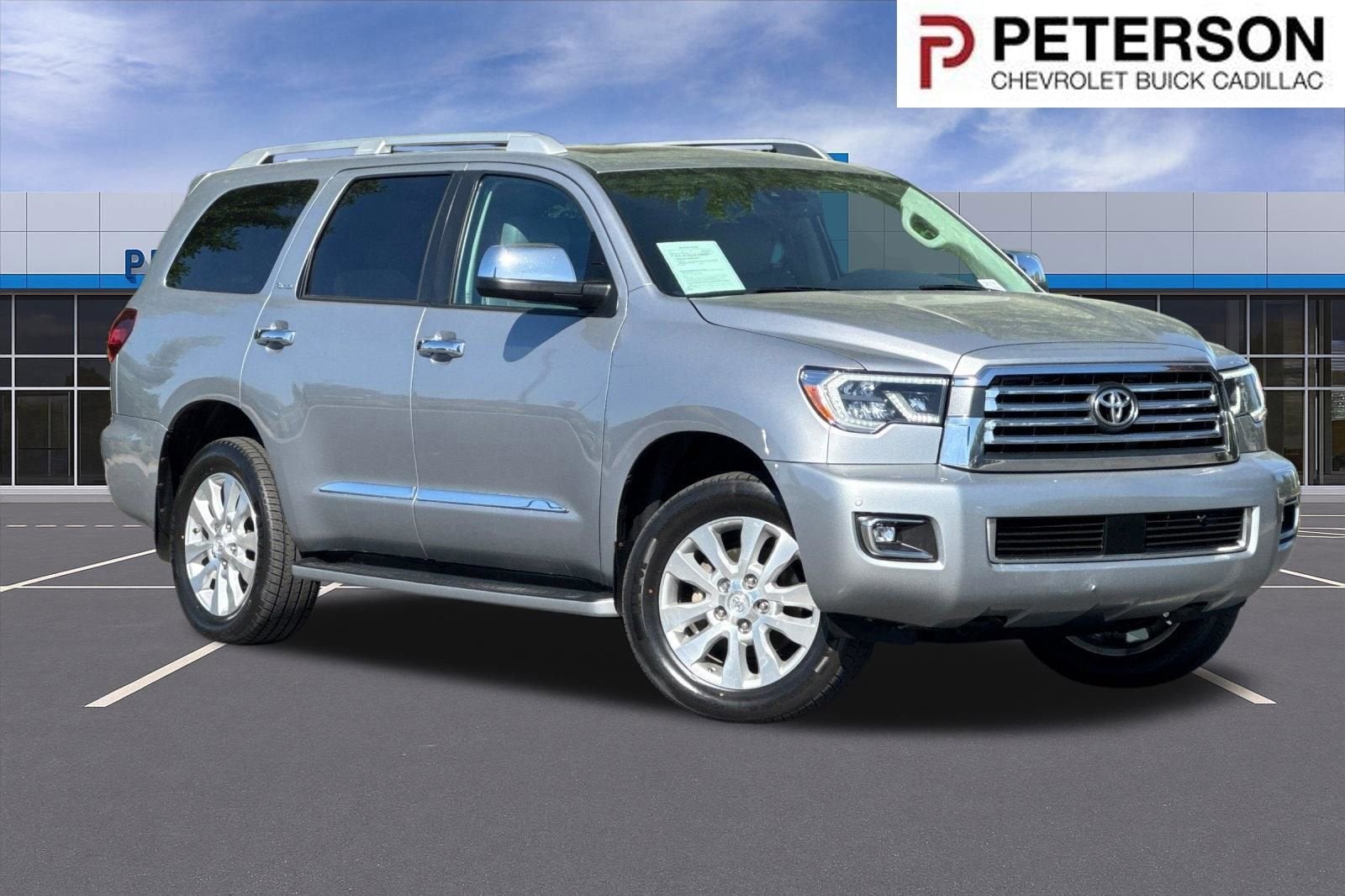 2019 Toyota Sequoia Platinum in Silver — front three-quarter view